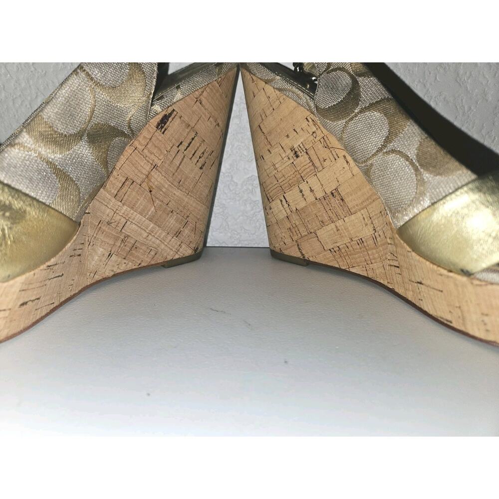 Coach Jessy Size 7.5 Gold Leather Iridescent Canvas Strappy Wedge Sandals - Picture 8 of 15